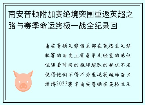 南安普顿附加赛绝境突围重返英超之路与赛季命运终极一战全纪录回